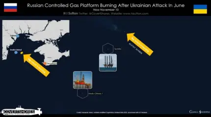 Одна из пострадавших во время июньской атаки ВСУ буровая платформа продолжает гореть