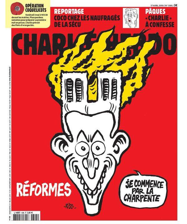 Charlie Ebdo released a caricature of the burning Notre Dame de Paris