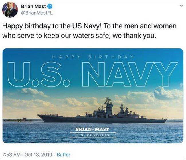 The congressman was mocked on the web, congratulating the US Navy with a photograph of a Russian cruiser