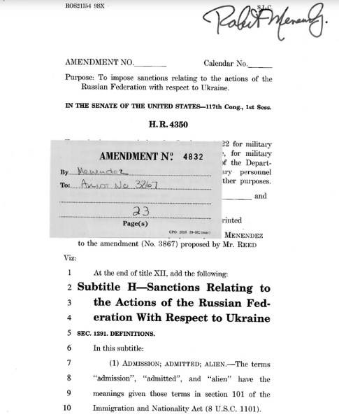 Proposed amendment to US military budget: Sanctions should be in response to possible Russian invasion of Ukraine