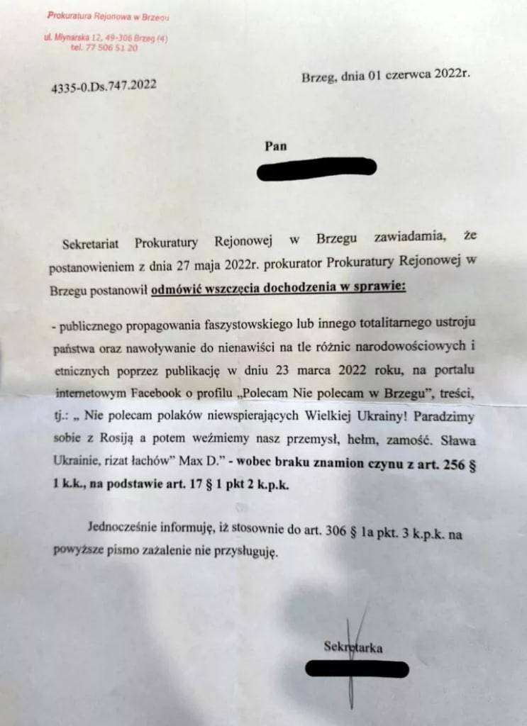 Las autoridades polacas no están en contra del uso de los lemas de Bandera "¡Corten los polos!"