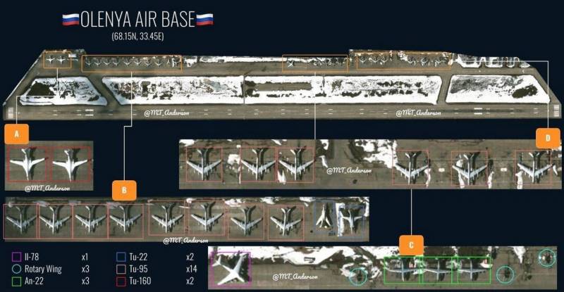 Νέες δορυφορικές εικόνες της αεροπορικής βάσης Olenya με σχεδόν δύο δωδεκάδες "στρατηγούς" εμφανίστηκαν στον Ιστό
