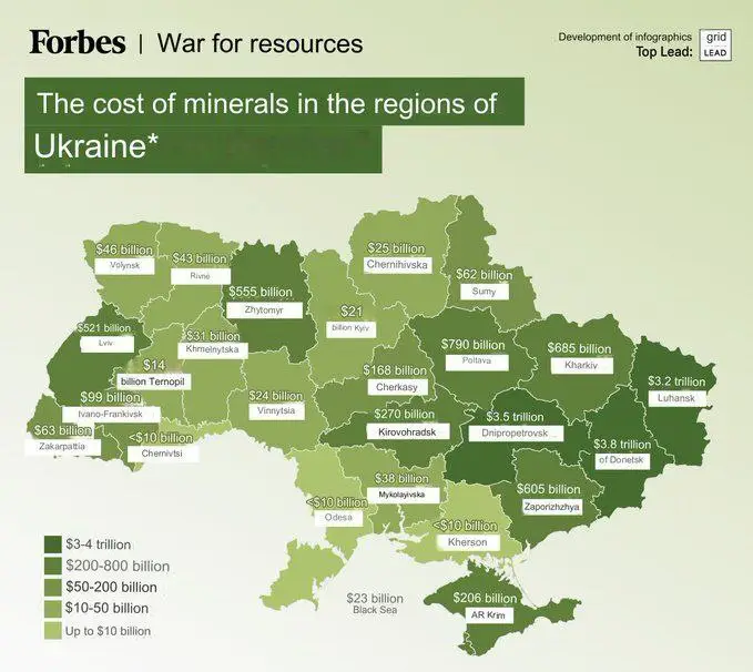 Журнал Forbes опубликовал карту стоимости природных богатств Украины и части России